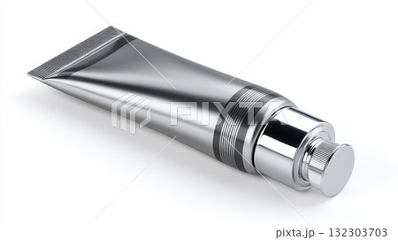 Metallic silver cosmetic tube with screw cap isolated on white background, elegant packaging for cream, lotion or beauty product mockup 132303703