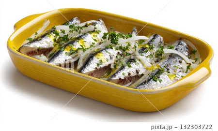 Fresh sardines with herbs, onions, and olive oil in yellow ceramic dish, traditional Mediterranean seafood recipe ready for baking or grilling preparation Fresh sardines with herbs, onions, and olive oil in yellow ceramic dish, traditional Mediterranean seafood recipe ready for baking or grilling preparation 132303722