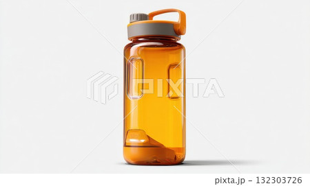 Transparent orange sports water bottle with gray screw cap and handle design against white background, perfect for active lifestyle hydration 132303726