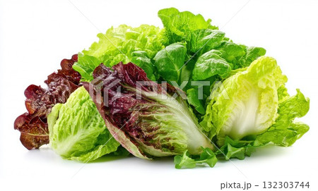 Fresh variety of colorful lettuce heads including green romaine and red leaf lettuce on white background, healthy vegetables 132303744