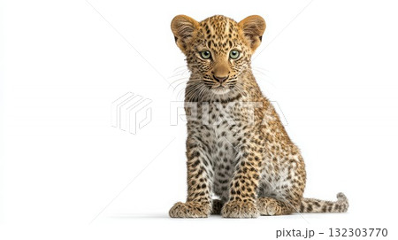 Adorable leopard cub sitting upright on white background with spotted fur pattern and piercing green eyes, perfect isolated studio portrait for wildlife conservation awareness Adorable leopard cub sitting upright on white background with spotted fur pattern and piercing green eyes, perfect isolated studio portrait for wildlife conservation awareness 132303770