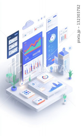 Isometric business analytics dashboard visualization with data charts, graphs and cloud computing elements in blue color scheme for corporate reporting and information management systems 132303782