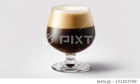 Dark stout beer with thick creamy foam head in elegant snifter glass on white background, rich black beverage alcoholic drink craft brewery product 132303789
