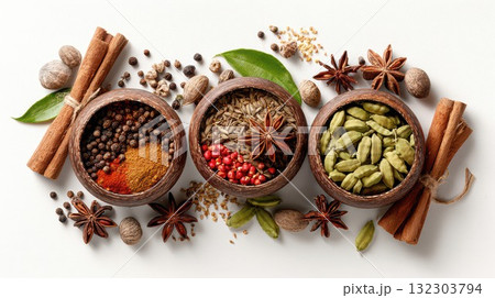 Aromatic spices collection with cinnamon sticks, star anise, cardamom pods, black pepper, turmeric powder, and nutmeg arranged in wooden bowls on white background. Culinary ingredients 132303794