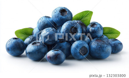 Fresh blueberries with water droplets and green leaves isolated on white background, showcasing ripe organic berries in natural light with detailed texture 132303800