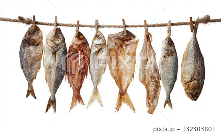 Dried fish hanging on rope with wooden clothespins against white background, traditional food preservation method displaying variety of salted seafood Dried fish hanging on rope with wooden clothespins against white background, traditional food preservation method displaying variety of salted seafood 132303801