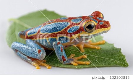 Vibrant red and blue poison dart frog with yellow accents perched on green leaf against white background. Colorful tropical amphibian with detailed texture and prominent eyes Vibrant red and blue poison dart frog with yellow accents perched on green leaf against white background. Colorful tropical amphibian with detailed texture and prominent eyes 132303815