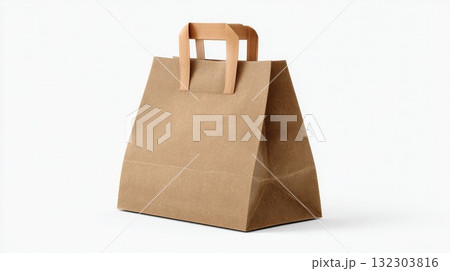 Brown kraft paper shopping bag with flat handles on white background. Eco-friendly recyclable retail packaging for takeout food and merchandise with minimalist sustainable design 132303816
