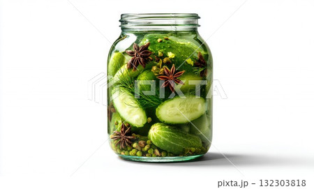 Glass jar filled with pickled cucumbers, dill, star anise and spices in green brine on white background. Homemade preserved vegetables with traditional fermentation ingredients and aromatic herbs 132303818