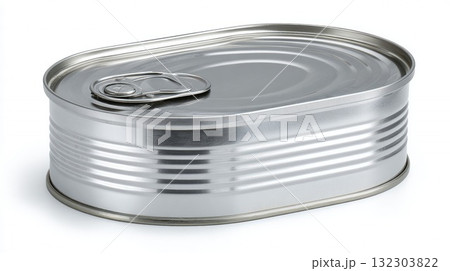 Oval metal sardine can with pull tab lid and ridged surface isolated on white background. Classic tinned food container for preserved fish products 132303822