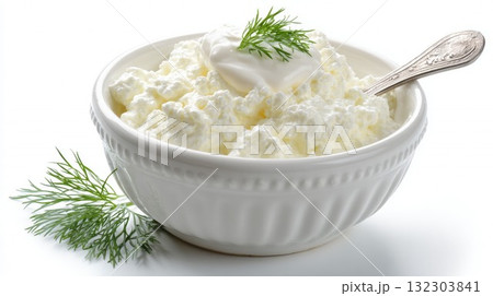 Creamy white cottage cheese in ceramic bowl with fresh dill garnish and silver spoon on white background 132303841
