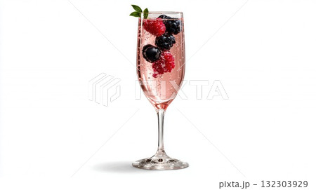 Sparkling rose champagne cocktail with fresh blackberries, raspberries, and mint garnish in elegant flute glass on white background 132303929