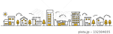 細い線の街並みイラスト アクセントカラーイエロー (バナーサイズ・背景白) 細い線の街並みイラスト アクセントカラーイエロー (バナーサイズ・背景白) 132304035