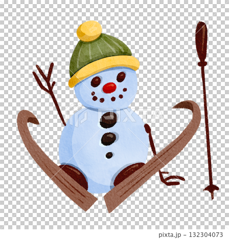 Funny snowman skier in a green hat. Hand-drawn watercolor illustration. 132304073