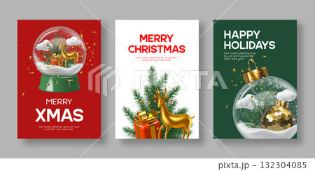 Set of Christmas greeting cards with golden reindeer, gift boxes, snow globes, and ornaments. Elegant festive design in red, green, and white colors for holiday celebration. Vector illustration. Set of Christmas greeting cards with golden reindeer, gift boxes, snow globes, and ornaments. Elegant festive design in red, green, and white colors for holiday celebration. Vector illustration. 132304085