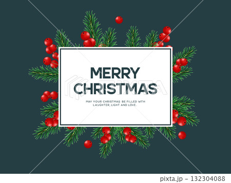 Merry Christmas greeting card with red berries and green pine branches on dark background. Elegant festive winter decoration for holiday design. Vector illustration. Merry Christmas greeting card with red berries and green pine branches on dark background. Elegant festive winter decoration for holiday design. Vector illustration. 132304088