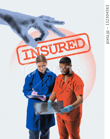 Vibrant collage. Two doctors reviewing X-ray under insured label representing medical protection and coverage 132304563