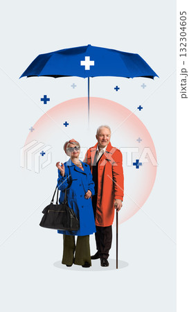 Digital artwork. Senior couple under blue umbrella with medical cross representing social and health insurance Digital artwork. Senior couple under blue umbrella with medical cross representing social and health insurance 132304605