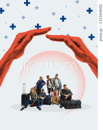 Trendy collage. Group of travelers protected by large hands symbolizing travel and health insurance safety Trendy collage. Group of travelers protected by large hands symbolizing travel and health insurance safety 132304608