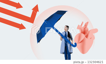 Colorful collage. Female doctor holding umbrella protecting heart from red arrows symbolizing health insurance 132304621
