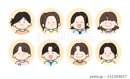 かわいい男女の顔イラストセット ポジティブな表情 笑顔のキャラクター ユーザーアイコン 132304657