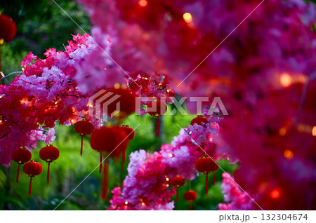 Close-up of the Chinese traditional red lantern decor with artificial peach blossom flower in outdoors. Festive decoration and celebration. Chinese New Year decoration. For background use. 132304674