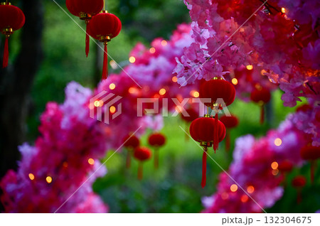 Close-up of the Chinese traditional red lantern decor with artificial peach blossom flower in outdoors. Festive decoration and celebration. Chinese New Year decoration. For background use. Close-up of the Chinese traditional red lantern decor with artificial peach blossom flower in outdoors. Festive decoration and celebration. Chinese New Year decoration. For background use. 132304675