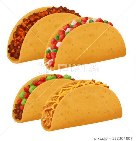 Three Delicious Tacos with Various Toppings Three Delicious Tacos with Various Toppings 132304807