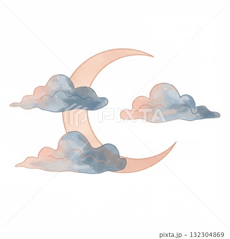 Pastel Crescent Moon and Clouds Watercolor Illustration Pastel Crescent Moon and Clouds Watercolor Illustration 132304869