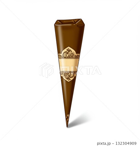 Brown Henna Cone with Gold Design on White Background 132304909