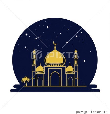 Golden Mosque at Night Under Starry Sky 132304912
