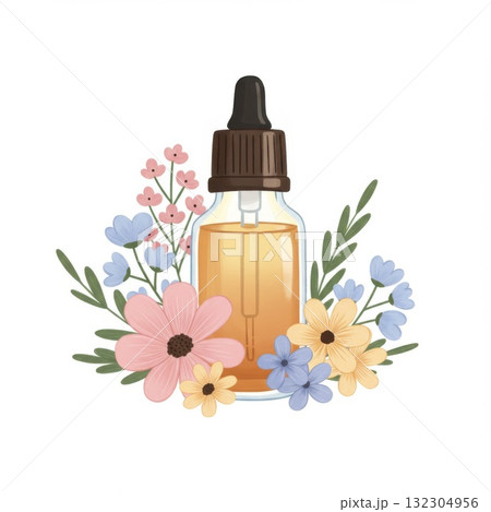 Amber Glass Bottle of Essential Oil with Pastel Flowers 132304956