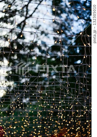 Close-up of the outdoor starry solar string lights. Festive decoration. For background use. 132305010