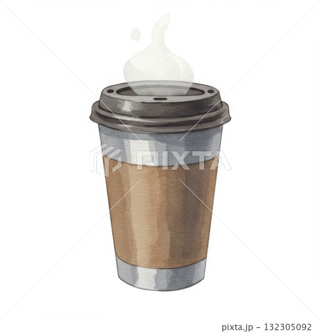 Watercolor Illustration of Steaming Coffee in a Take Away Cup 132305092