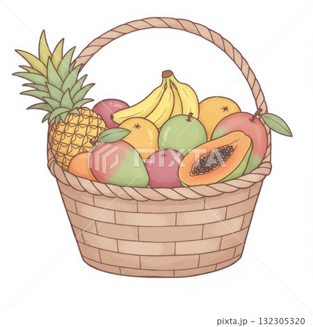 Brown Woven Basket Filled with Tropical Fruits Illustration Brown Woven Basket Filled with Tropical Fruits Illustration 132305320