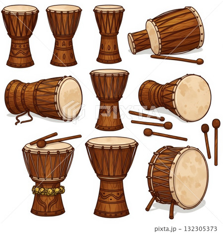 Collection of Brown Wooden African Drums with Mallet 132305373