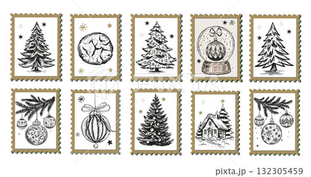 Hand-Drawn Christmas Festive Stamps Collection	 132305459