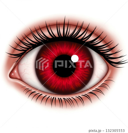 Close Up of a Realistic Red Eye with Dark Iris and Long Eyelashes Close Up of a Realistic Red Eye with Dark Iris and Long Eyelashes 132305553