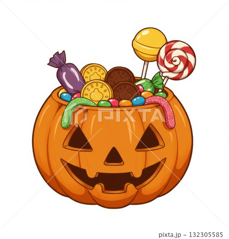 Orange Pumpkin Filled with Halloween Candies Orange Pumpkin Filled with Halloween Candies 132305585