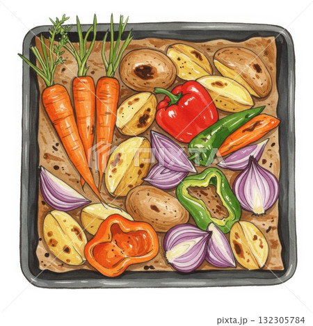 Roasted Vegetables on Baking Sheet Illustration 132305784