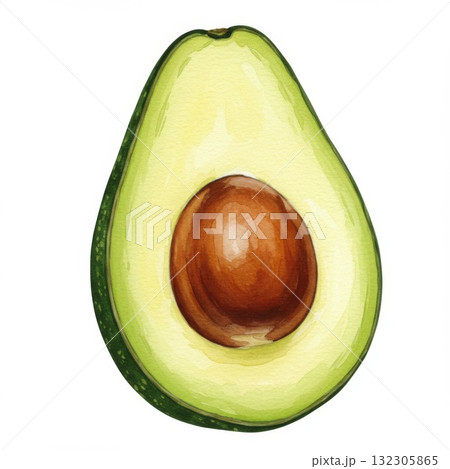 Halved Ripe Avocado Watercolor Painting 132305865