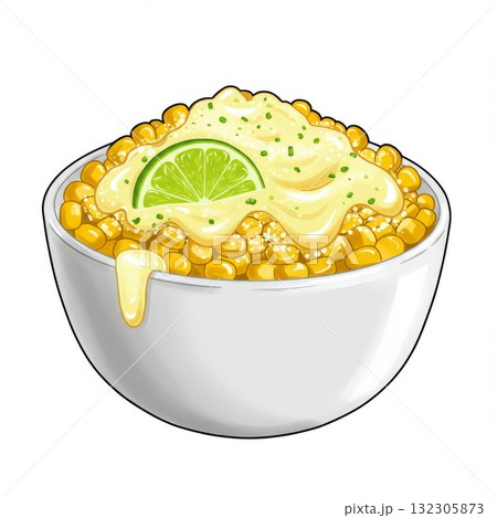 Creamy Corn Dish with Lime in White Bowl 132305873