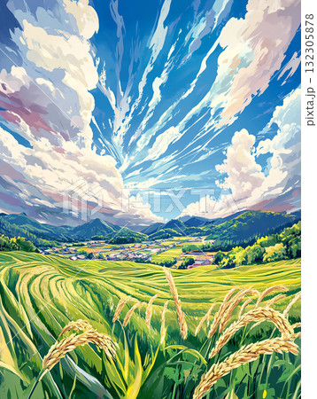 Rice terraces in harmony with the natural landscape. Watercolor, Acrylic and oil style. Landscapes. AI Generated. 132305878