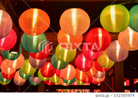 Close-up of the traditional Chinese lantern. Red lantern. Colorful lanterns. Festive decoration. Mid-autumn festival decoration,Chinese New Year decoration, for celebration. Festive background concept 132305974