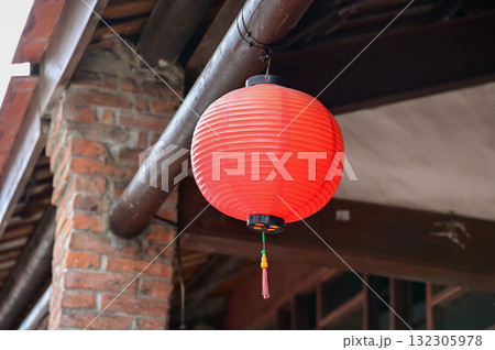 Close-up of the traditional Chinese lantern. Red lantern. Colorful lanterns. Festive decoration. Mid-autumn festival decoration,Chinese New Year decoration, for celebration. Festive background concept 132305978