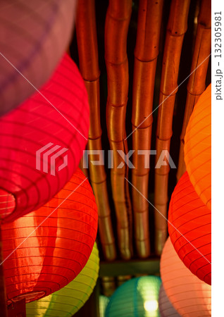 Close-up of the traditional Chinese lantern. Red lantern. Colorful lanterns. Festive decoration. Mid-autumn festival decoration,Chinese New Year decoration, for celebration. Festive background concept Close-up of the traditional Chinese lantern. Red lantern. Colorful lanterns. Festive decoration. Mid-autumn festival decoration,Chinese New Year decoration, for celebration. Festive background concept 132305981