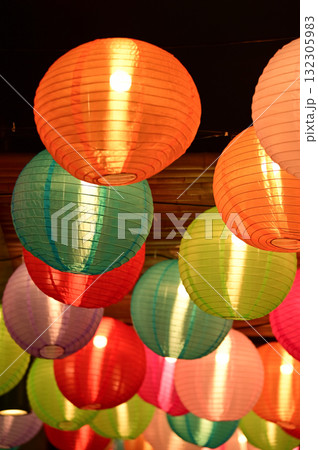 Close-up of the traditional Chinese lantern. Red lantern. Colorful lanterns. Festive decoration. Mid-autumn festival decoration,Chinese New Year decoration, for celebration. Festive background concept 132305983