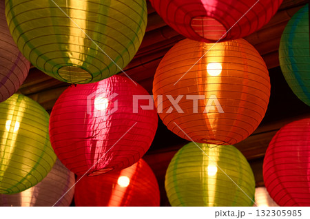 Close-up of the traditional Chinese lantern. Red lantern. Colorful lanterns. Festive decoration. Mid-autumn festival decoration,Chinese New Year decoration, for celebration. Festive background concept Close-up of the traditional Chinese lantern. Red lantern. Colorful lanterns. Festive decoration. Mid-autumn festival decoration,Chinese New Year decoration, for celebration. Festive background concept 132305985