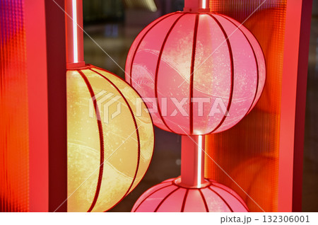 Close-up of the traditional Chinese lantern. Red lantern. Colorful lanterns. Festive decoration. Mid-autumn festival decoration,Chinese New Year decoration, for celebration. Festive background concept 132306001