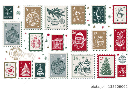 Hand-Drawn Christmas Festive Stamps Collection	 132306062